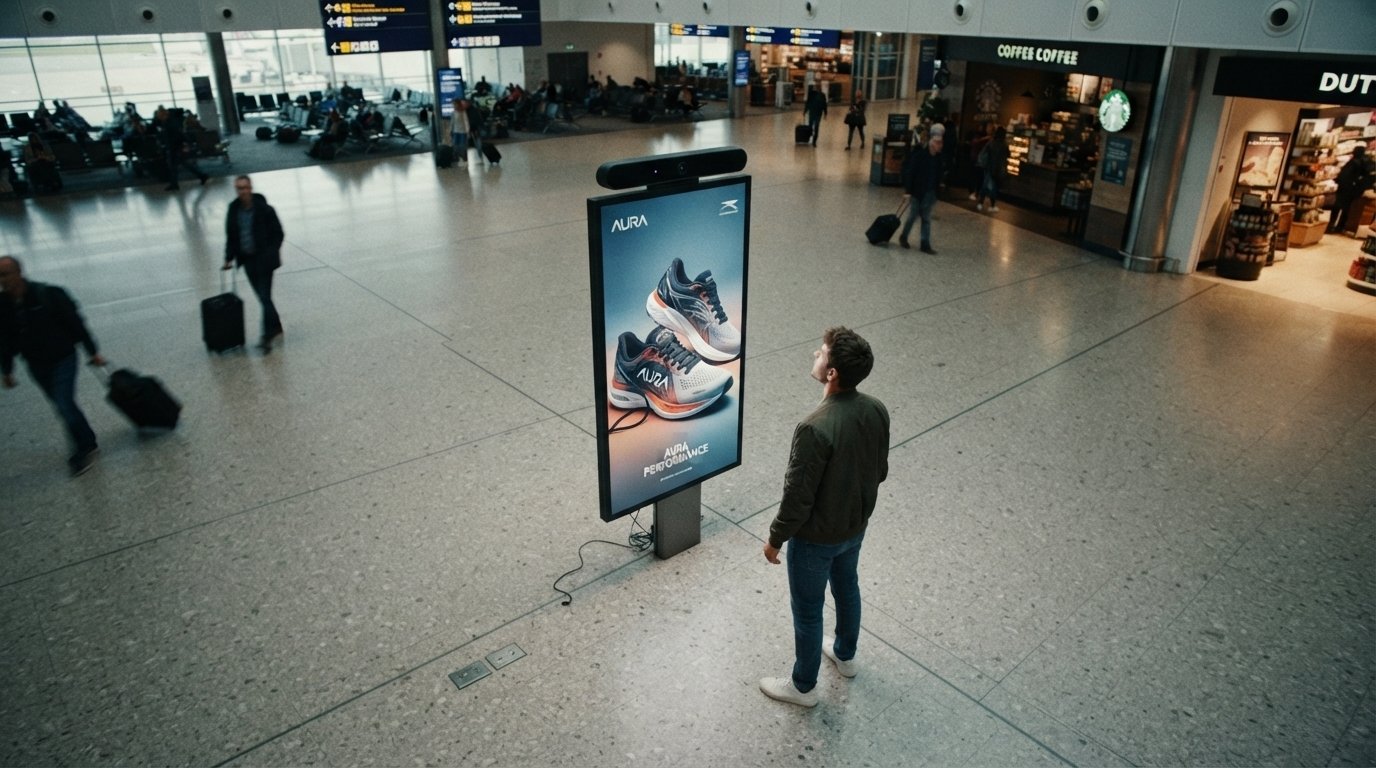 Purplelight AI sensor bar mounted on a digital display in an airport, playing a sneaker ad to a traveller looking up at it